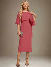 Sheath/Column Scoop Tea Length Chiffon Dress With Pleated Beading