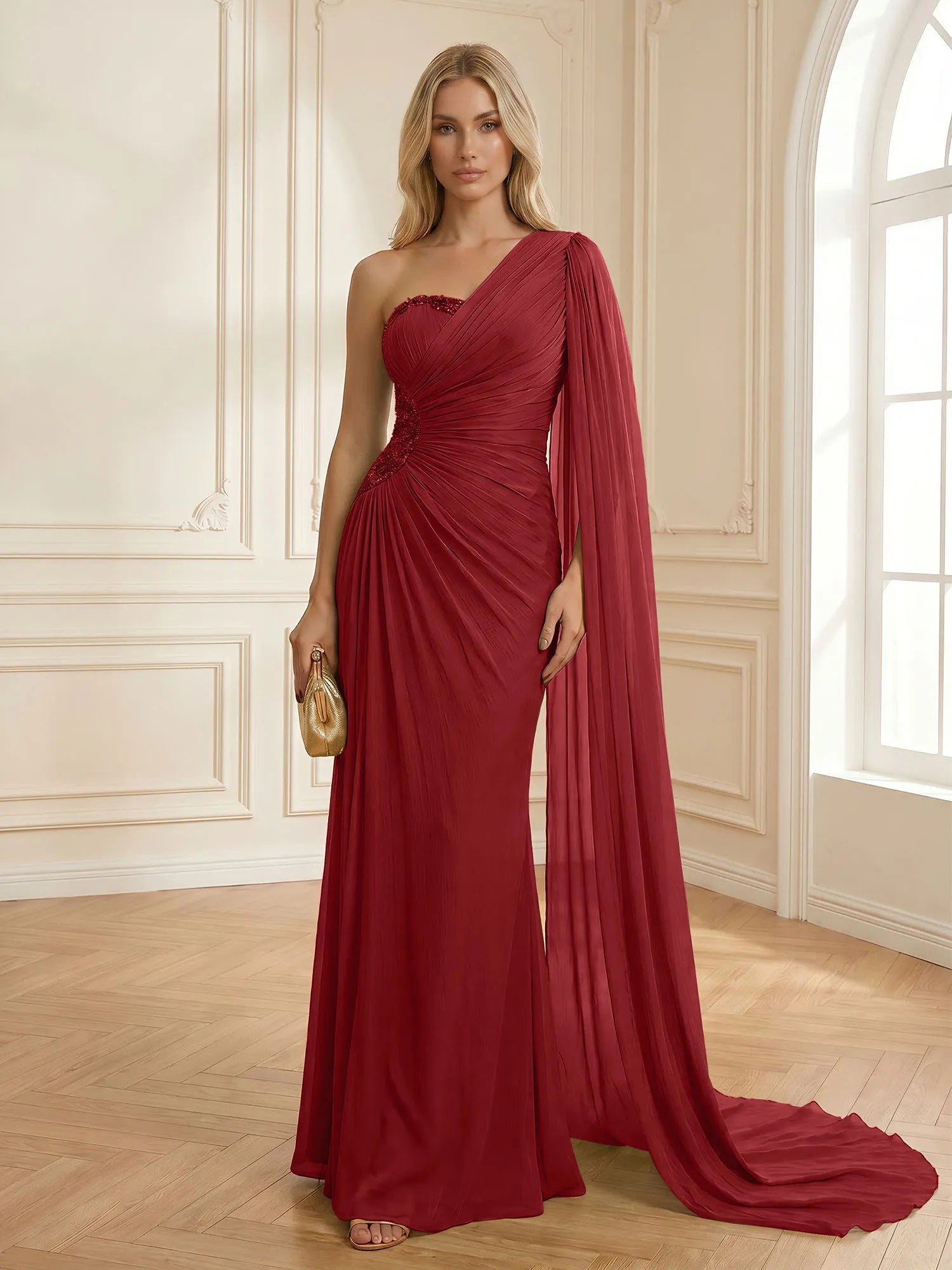 Sage Green One Shoulder Beaded Evening Gown with Cape Sleeve