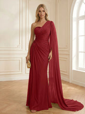 Sage Green One Shoulder Beaded Evening Gown with Cape Sleeve