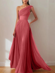 Prom Formal Pleated Dress Rose Color One-Shoulder Maxi Dress