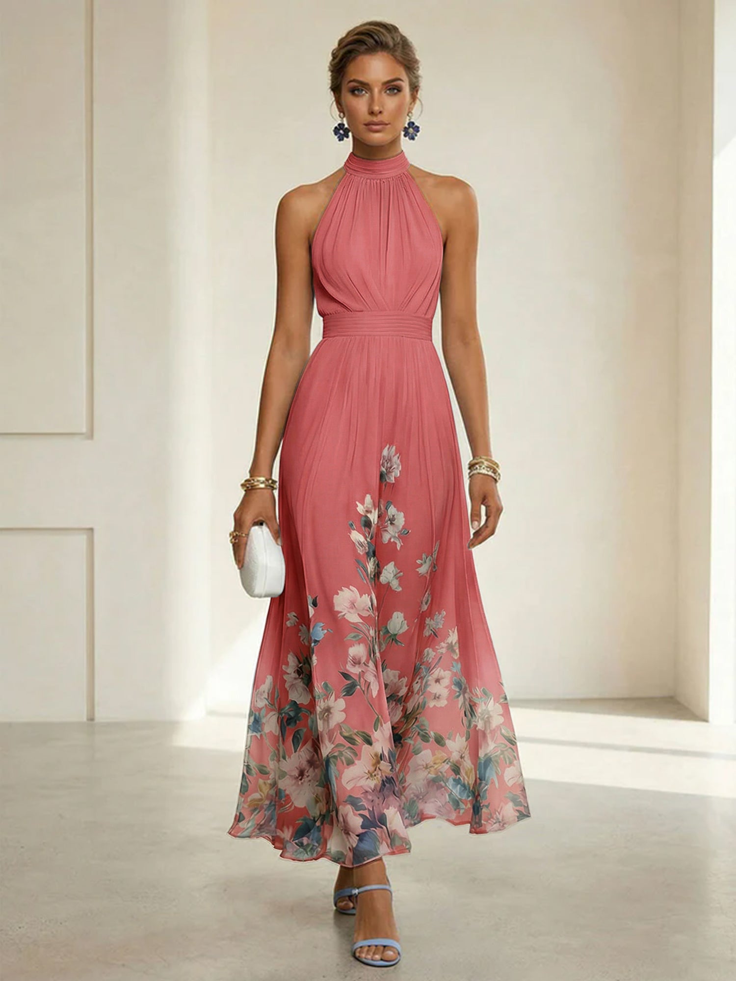 Light Blue Floral Chiffon Halter Sleeveless A-Line Maxi Dress Gown