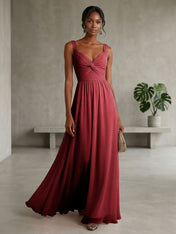 Elegant Soft Blush Twist-Front Chiffon Maxi Gown