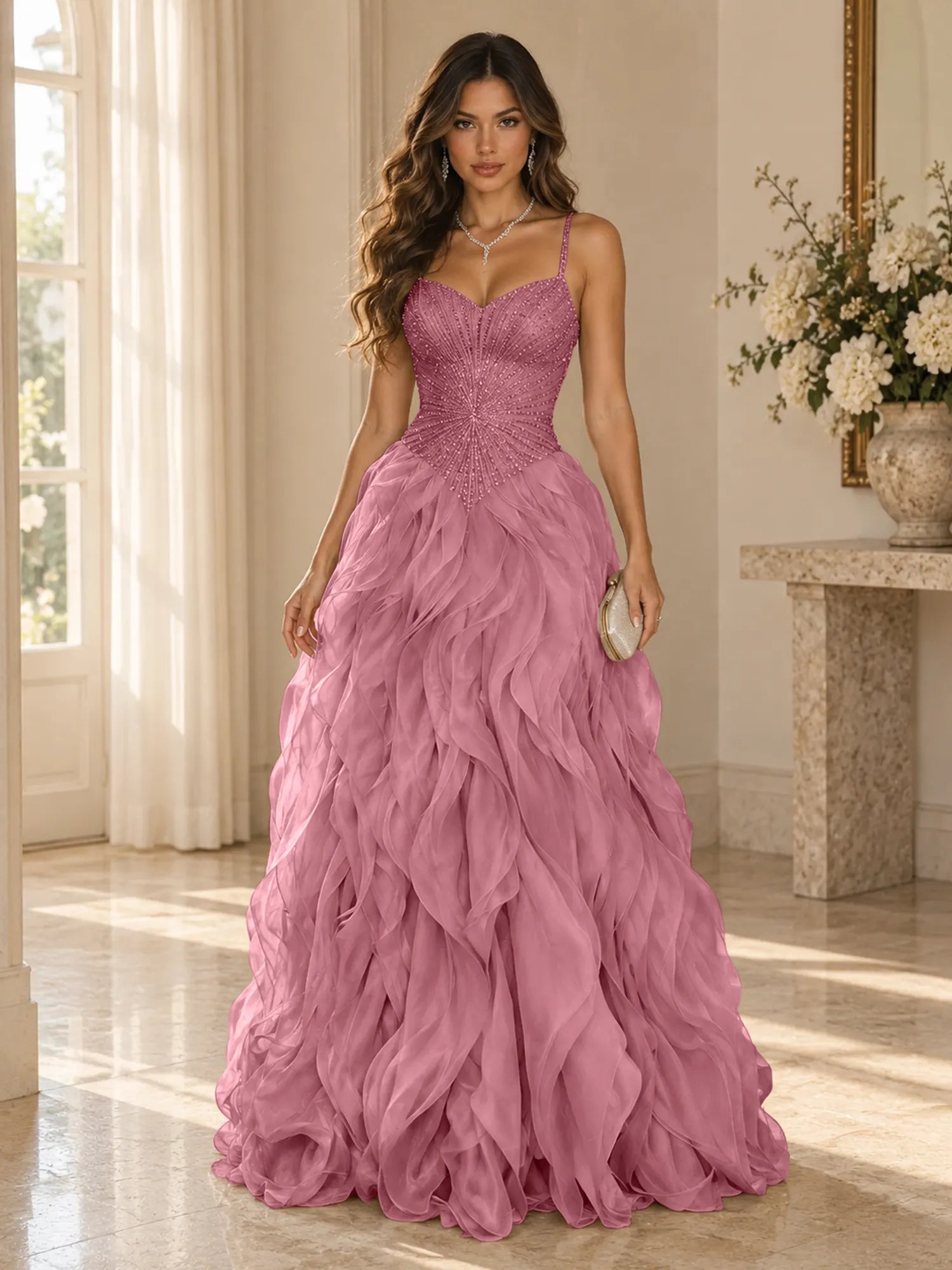 Elegant Beaded Spaghetti Strap Tiered Ruffle Ball Gown Evening Dress