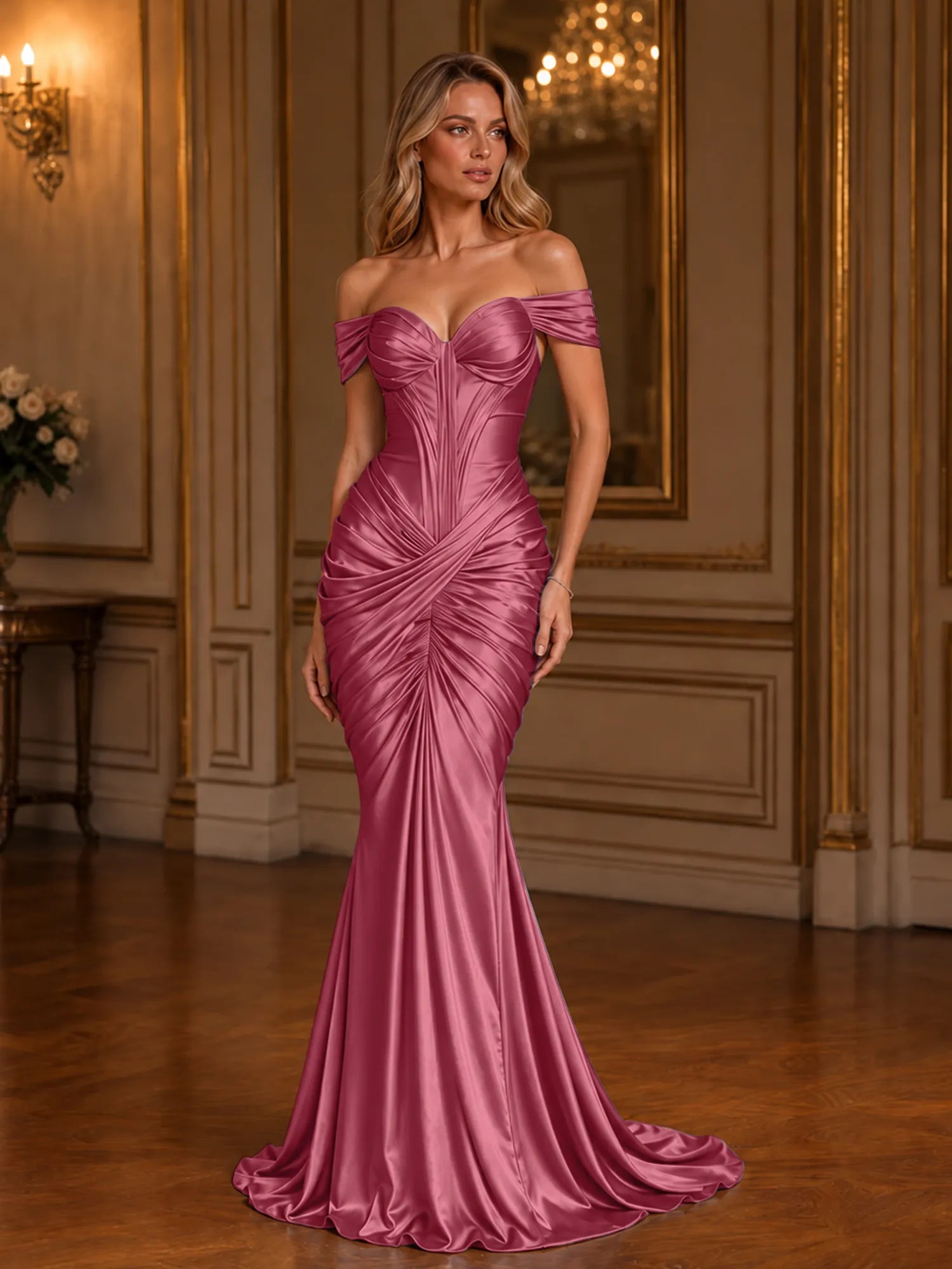 Burgundy Off-The-Shoulder Ruched Mermaid Floor-Length Gown Dress