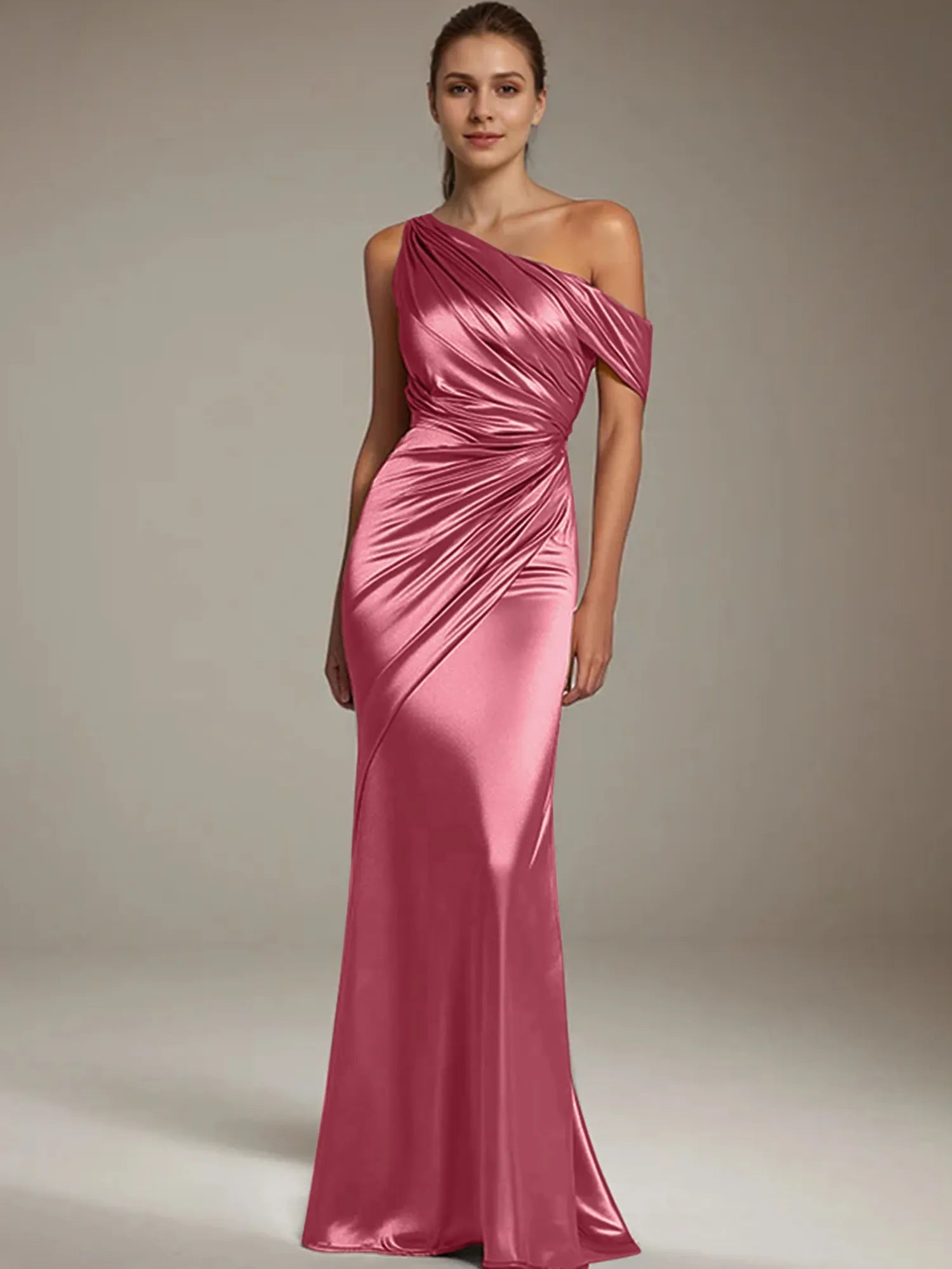 Formal Party Satin Dress Silver One-Shoulder Pleated  Floor-Length Dress
