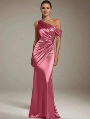 Formal Party Satin Dress Silver One-Shoulder Pleated  Floor-Length Dress