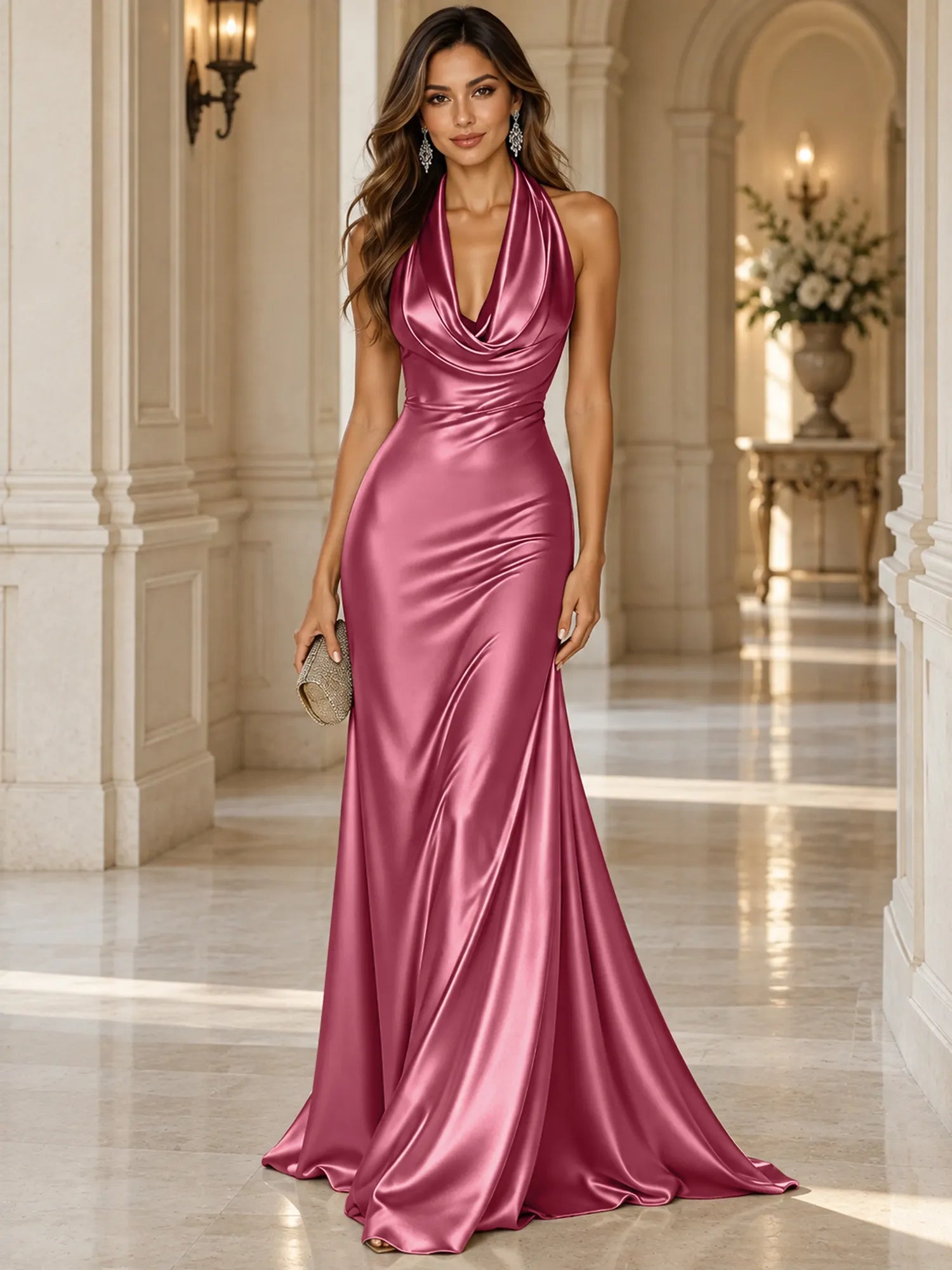 Elegant and Luxurious Cowl-neck Champagne Gold Satin Maxi Dress
