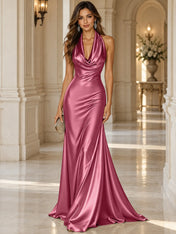 Elegant and Luxurious Cowl-neck Champagne Gold Satin Maxi Dress