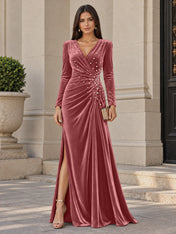 V-Neck Pearl Ruched Burgundy Velvet Floor-Length Evening Dresses with Long Sleeves