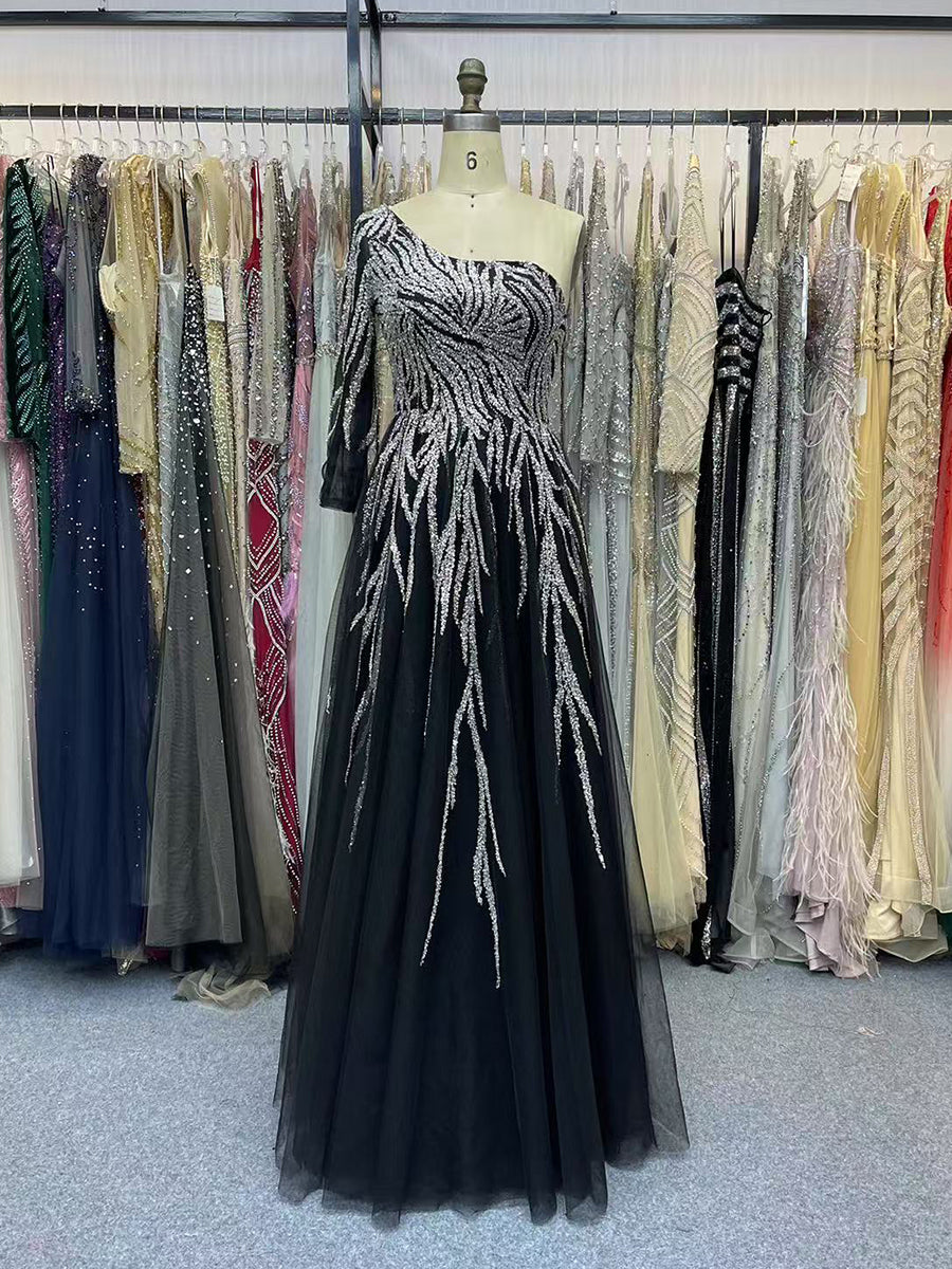 Dramatic One-Sleeve A-Line Gown with Silver Beading