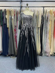 Dramatic One-Sleeve A-Line Gown with Silver Beading