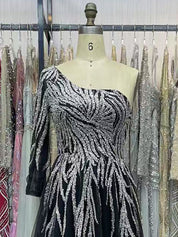 Dramatic One-Sleeve A-Line Gown with Silver Beading