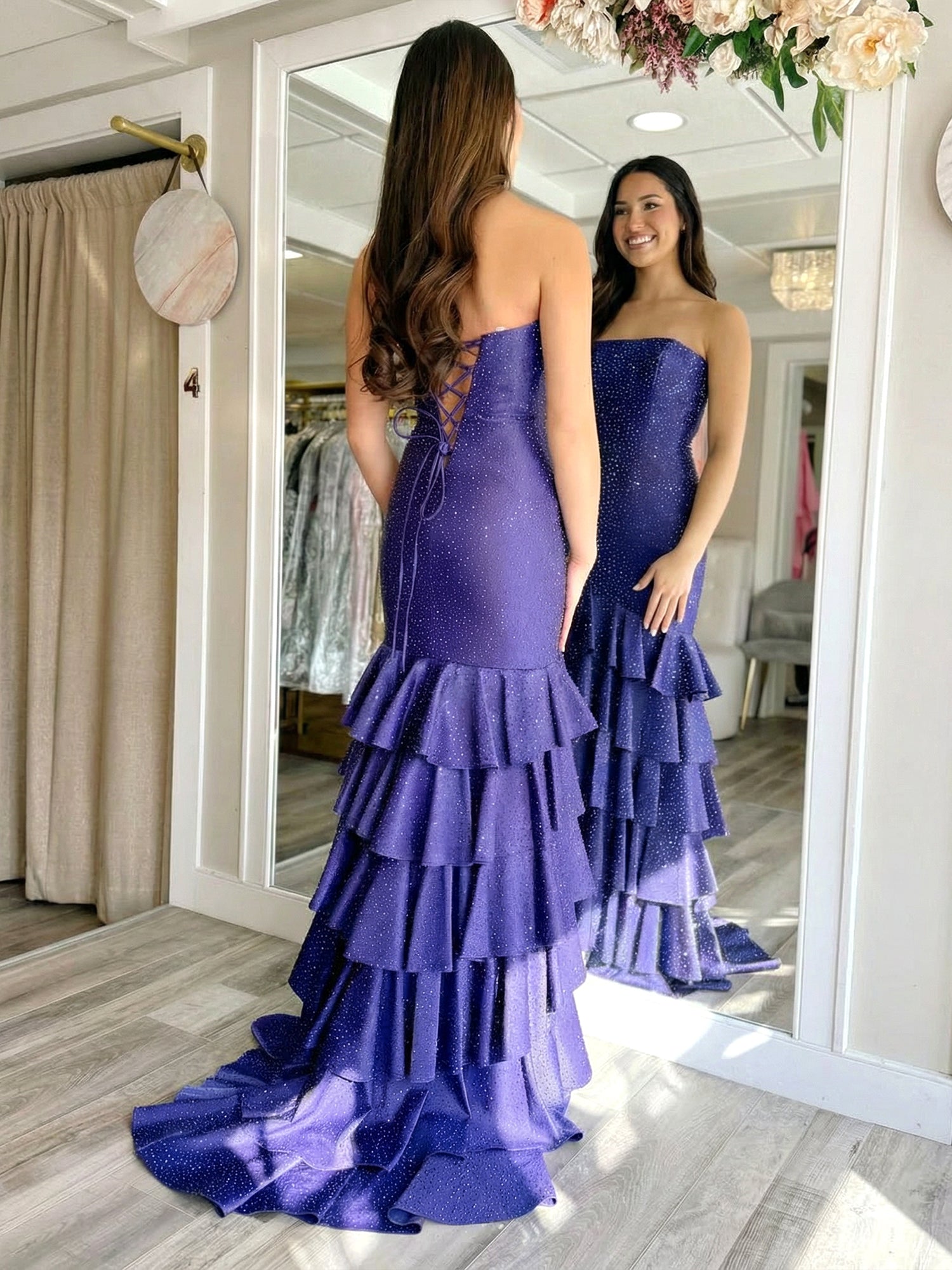 Dramatic Purple Shimmer Tiered Ruffle Slit Prom Dress