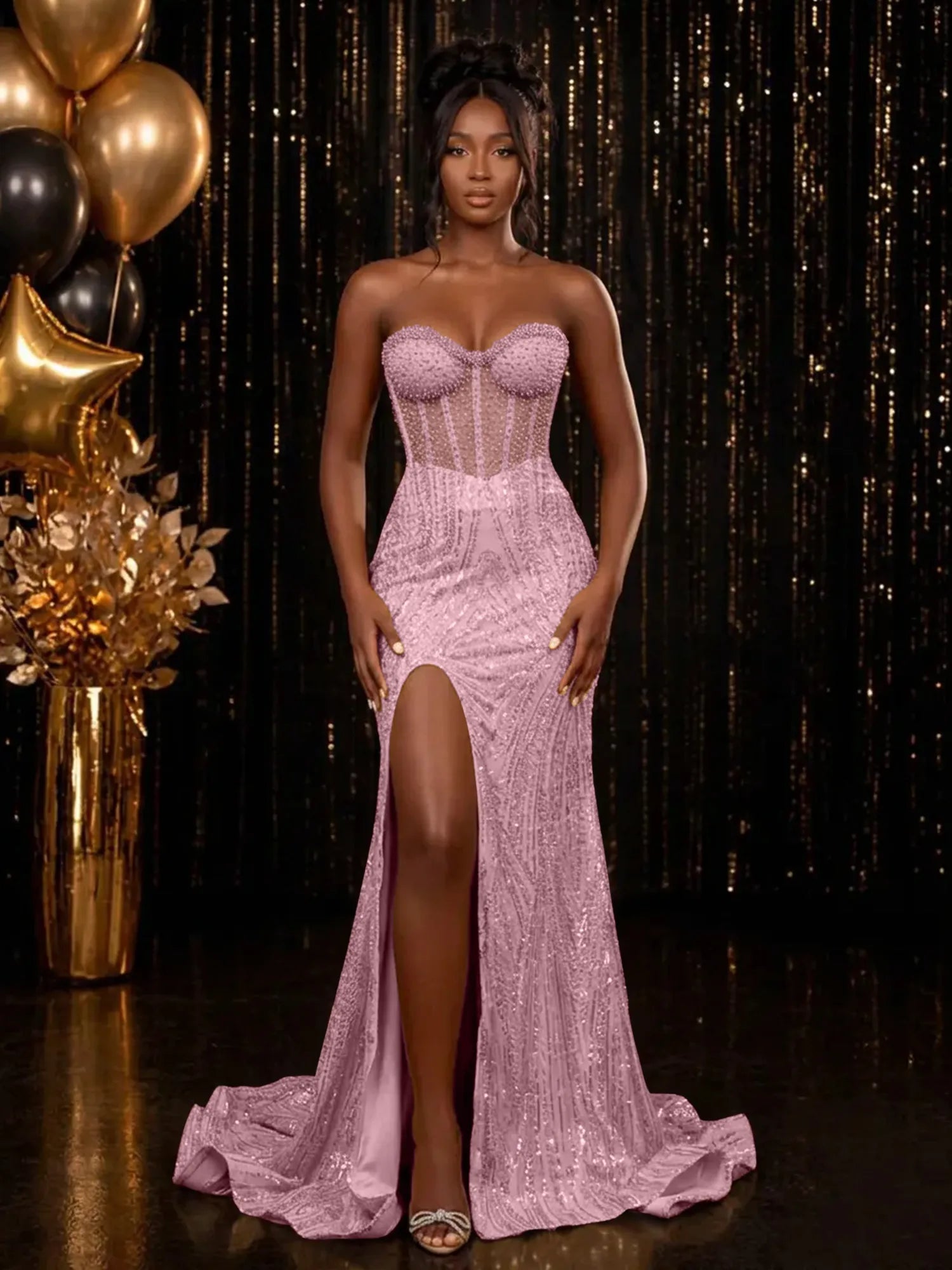 Strapless Sequin-Embellished Mermaid Prom Dress