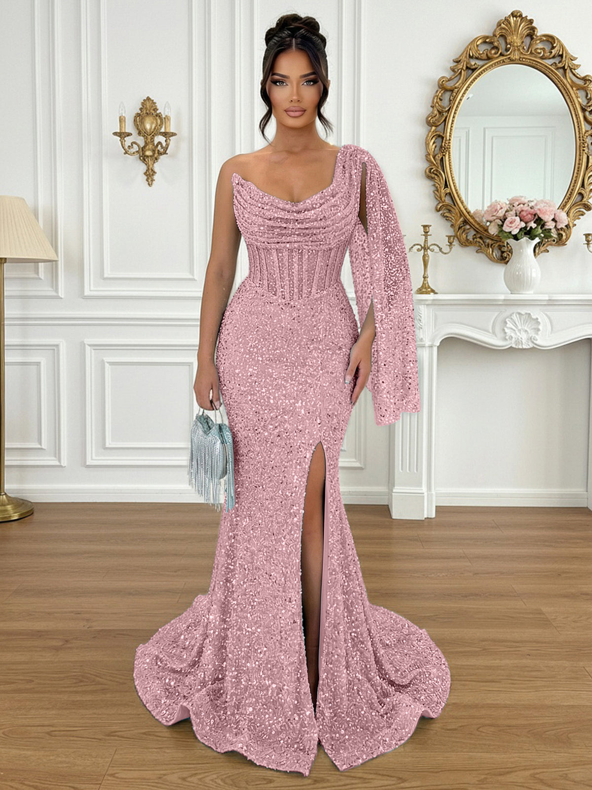 Glamorous Ice Blue One-Shoulder Sequin Corset Mermaid Prom Dresses with Slit