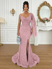 Glamorous Ice Blue One-Shoulder Sequin Corset Mermaid Prom Dresses with Slit