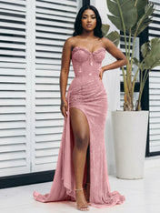 Glitter Orange Strapless Mermaid Sequined Long Prom Dress with Slit