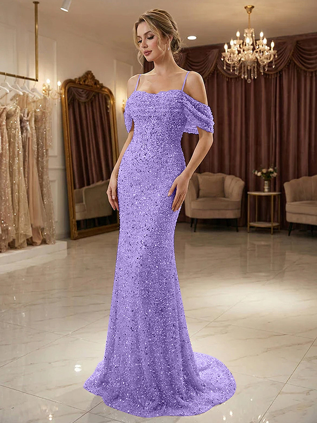 Sparkly Champagne Beaded Off-the-Shoulder Mermaid Long Prom Dress