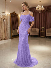 Sparkly Champagne Beaded Off-the-Shoulder Mermaid Long Prom Dress