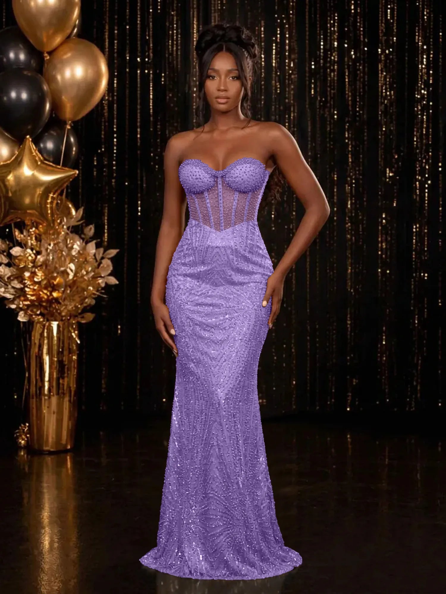 Strapless Sequin-Accented Mermaid Prom Dress with High Slit