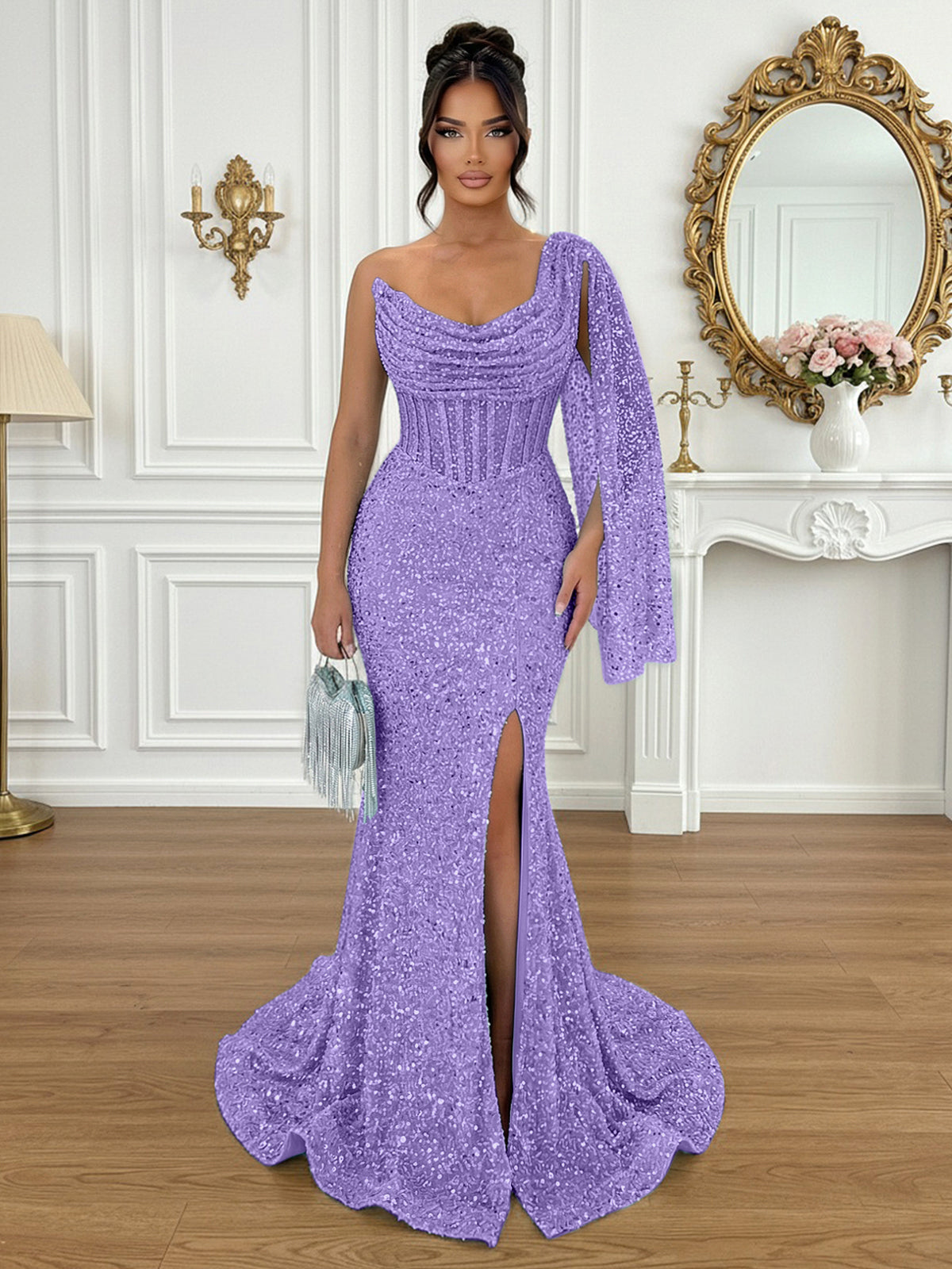 Glamorous Ice Blue One-Shoulder Sequin Corset Mermaid Prom Dresses with Slit