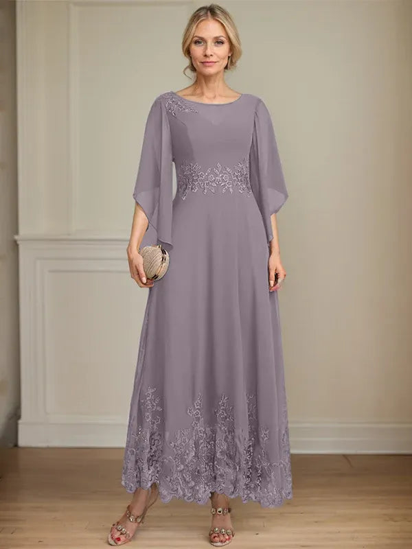 Robe de mère de la mariée trapèze en mousseline de soie et dentelle, longueur cheville, décolleté en V, illusion, avec paillettes 