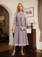 A-line Scoop Tea-Length Lace Chiffon Mother of the Bride Dress With Sequins