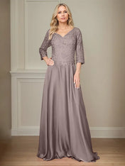 A Line Chiffon V Neck 3/4 Sleeves Floor-Length Mother Of The Bride Dress With Appliques