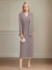 Sheath/Column Chiffon V Neck 3/4 Sleeves Tea Length Mother Of The Bride Dress