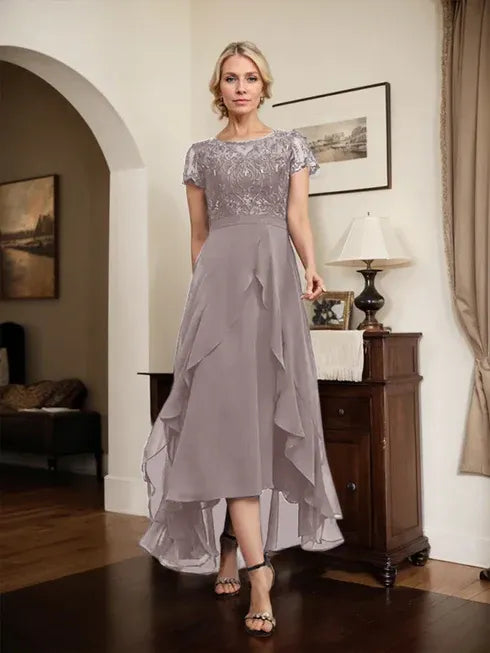 A-line Scoop Illusion Asymmetrical Chiffon Lace Mother of the Bride Dress With Bow Ruffle Sequins