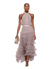 A Line Pink Chiffon Halter Neck Sleeveless Ankle Length Dress With Cascading Ruffles