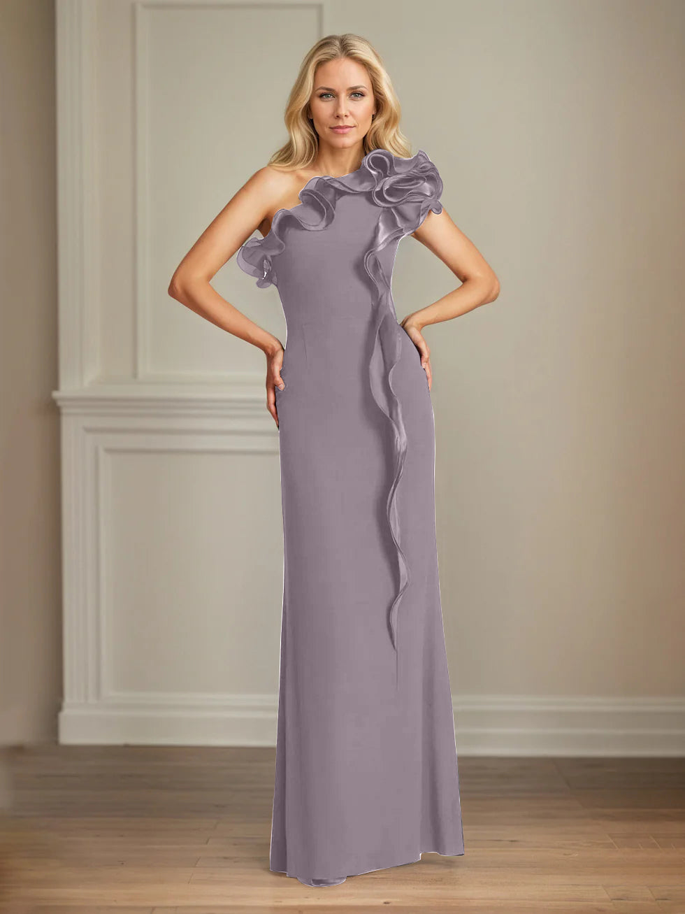 Column One Shoulder Floor Length Mother of the Bride Dresses With Ruffles