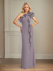 Navy Stretch Crepe Sheath/Column One Shoulder Floor Length Mother of the Bride Dresses With Ruffles