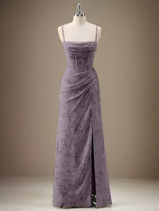 Black Sheath Spaghetti Straps Pleated Long Bridesmaid Dress with Slit