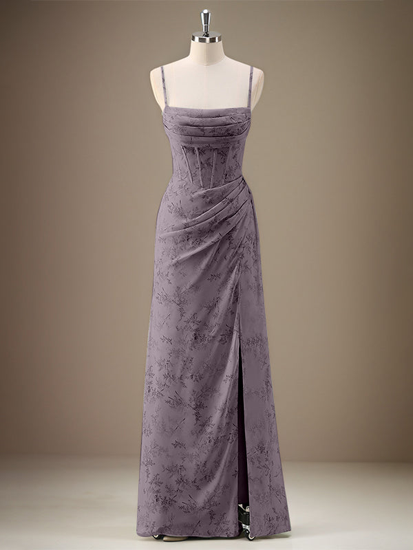 Black Sheath Spaghetti Straps Pleated Long Bridesmaid Dress with Slit