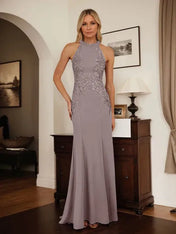 Dusty Blue Sheath Halter Long Mother of Bride Dress With Appliques