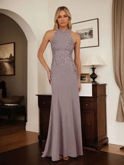 Dusty Blue Sheath Halter Long Mother of Bride Dress With Appliques