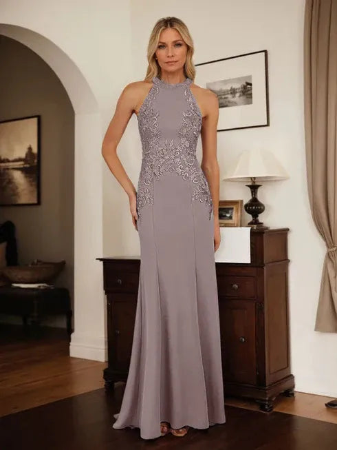 Dusty Blue Sheath Halter Long Mother of Bride Dress With Appliques
