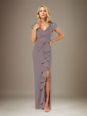 Sheath/Column V Neck Short Sleeve Floor Length Chiffon Dress With Cascading Ruffles