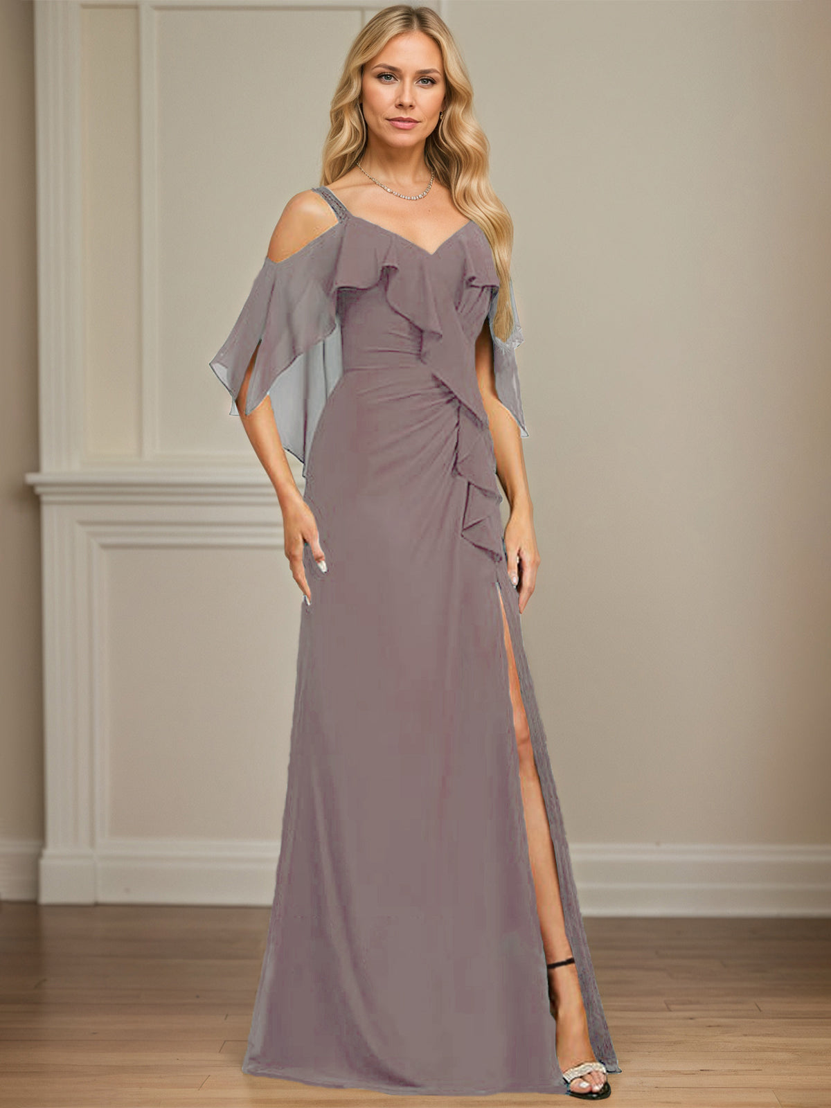 Column Cold Shoulder V-Neck Floor-Length Chiffon Dress With Cascading Ruffles Sequins Beading