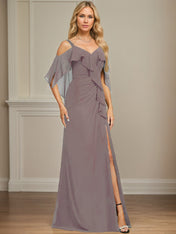 Sheath/Column Cold Shoulder V-Neck Floor-Length Chiffon Dress With Cascading Ruffles Sequins Beading