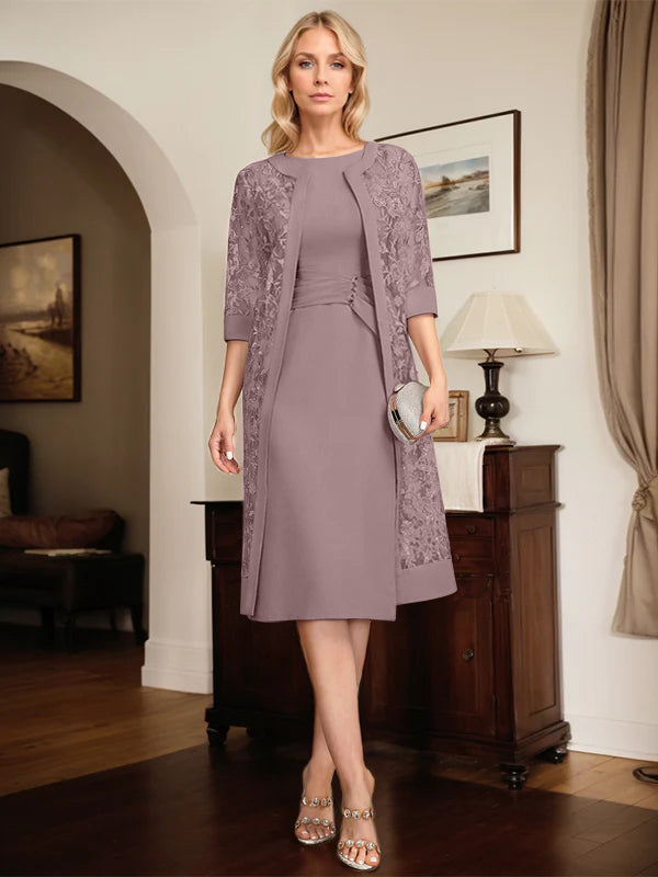 Column Scoop Knee-Length Chiffon Mother of the Bride Dress With Pleated Sequins