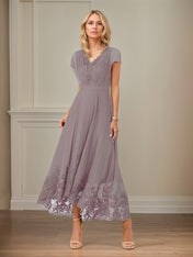 A Line V Neck Flutter Sleeve Ankle Length Chiffon Dress With Appliques