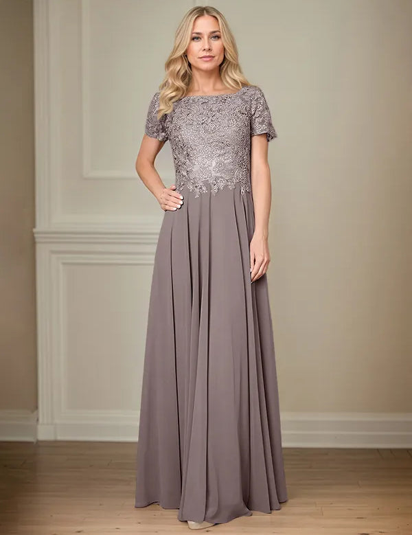 A Line Chiffon Boat Neck Short Sleeves Floor Length Pleated Mother of the Bride Dresses