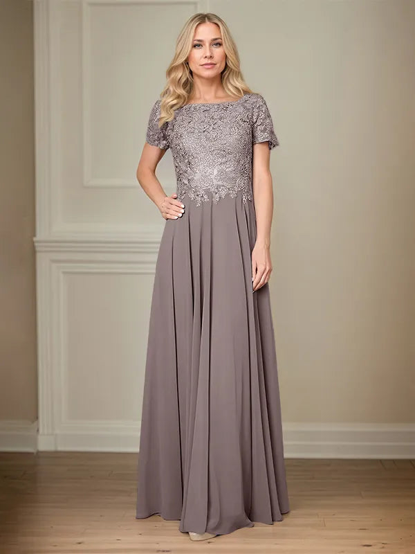 A Line Chiffon Boat Neck Short Sleeves Floor Length Pleated Mother of the Bride Dresses