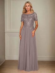 A Line Chiffon Boat Neck Short Sleeves Floor Length Mother of the Bride Dresses