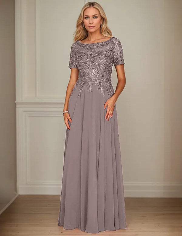 A Line Chiffon Boat Neck Short Sleeves Floor Length Mother of the Bride Dresses