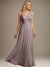 Dusty Blue A-line V Neck Floor-Length Lace Chiffon Mother of the Bride Dress