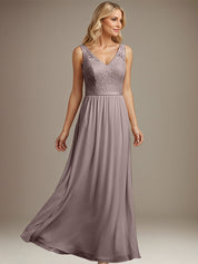 Dusty Blue A-line V Neck Floor-Length Lace Chiffon Mother of the Bride Dress