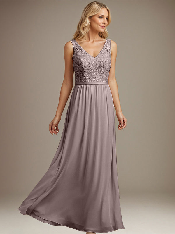 Dusty Blue A-line V Neck Floor-Length Lace Chiffon Mother of the Bride Dress